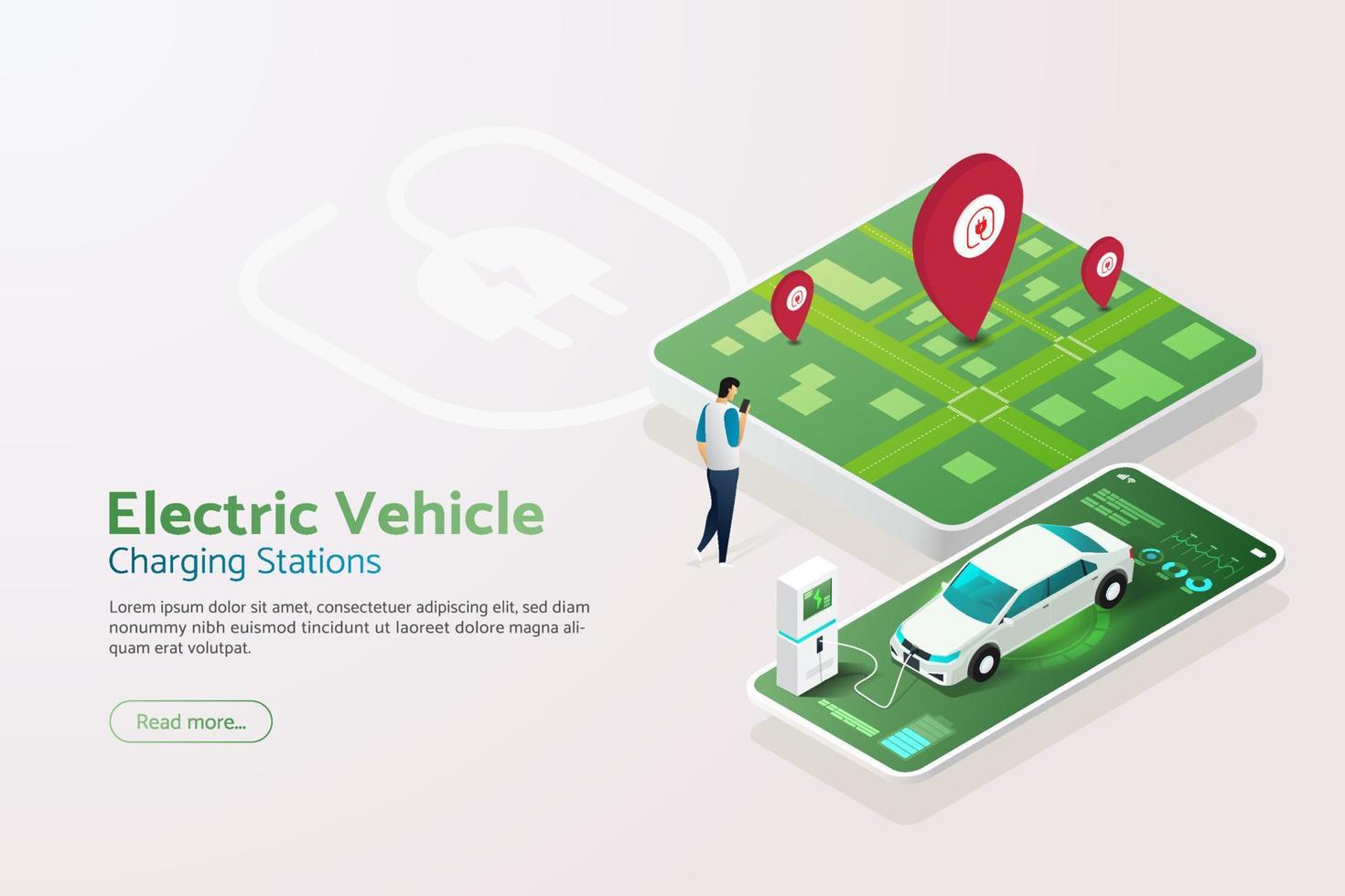 Find a EV charging station, charging car the app via smartphone. vector