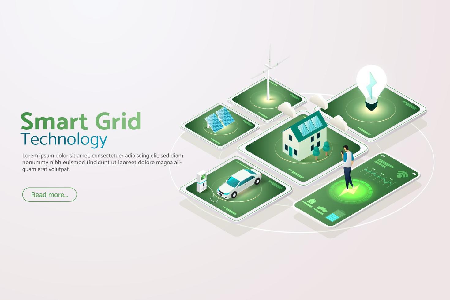 Smart grid technology Eco-friendly, electric car charger Wind turbines and solar panels Connecting via smartphone. vector