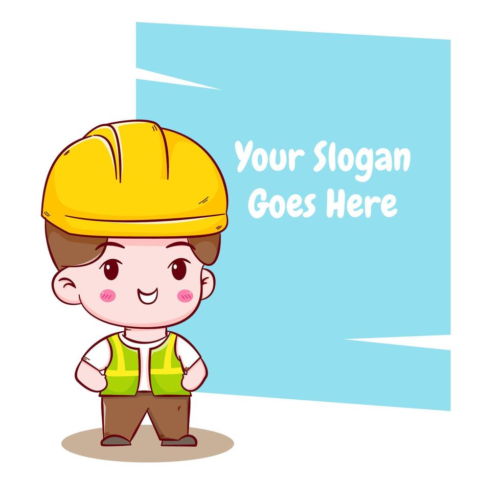 Cute Engineer construction worker concept hand drawn cartoon character with balloon text vector