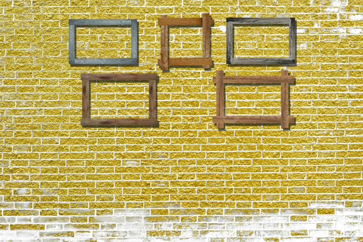 3D vintage photo frames on golden brick wall for interior or background.