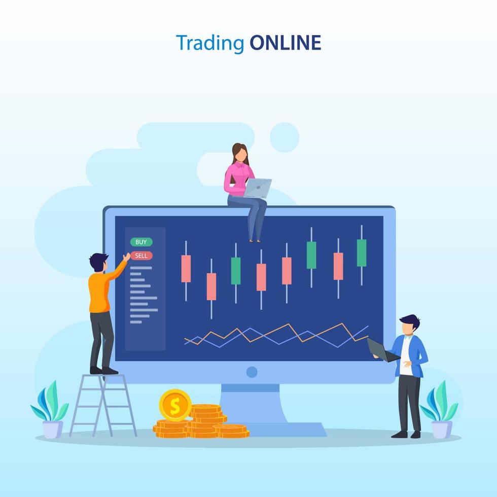 concepto de comercio en línea. estrategia de compraventa de divisas, invertir en acciones. vector plano