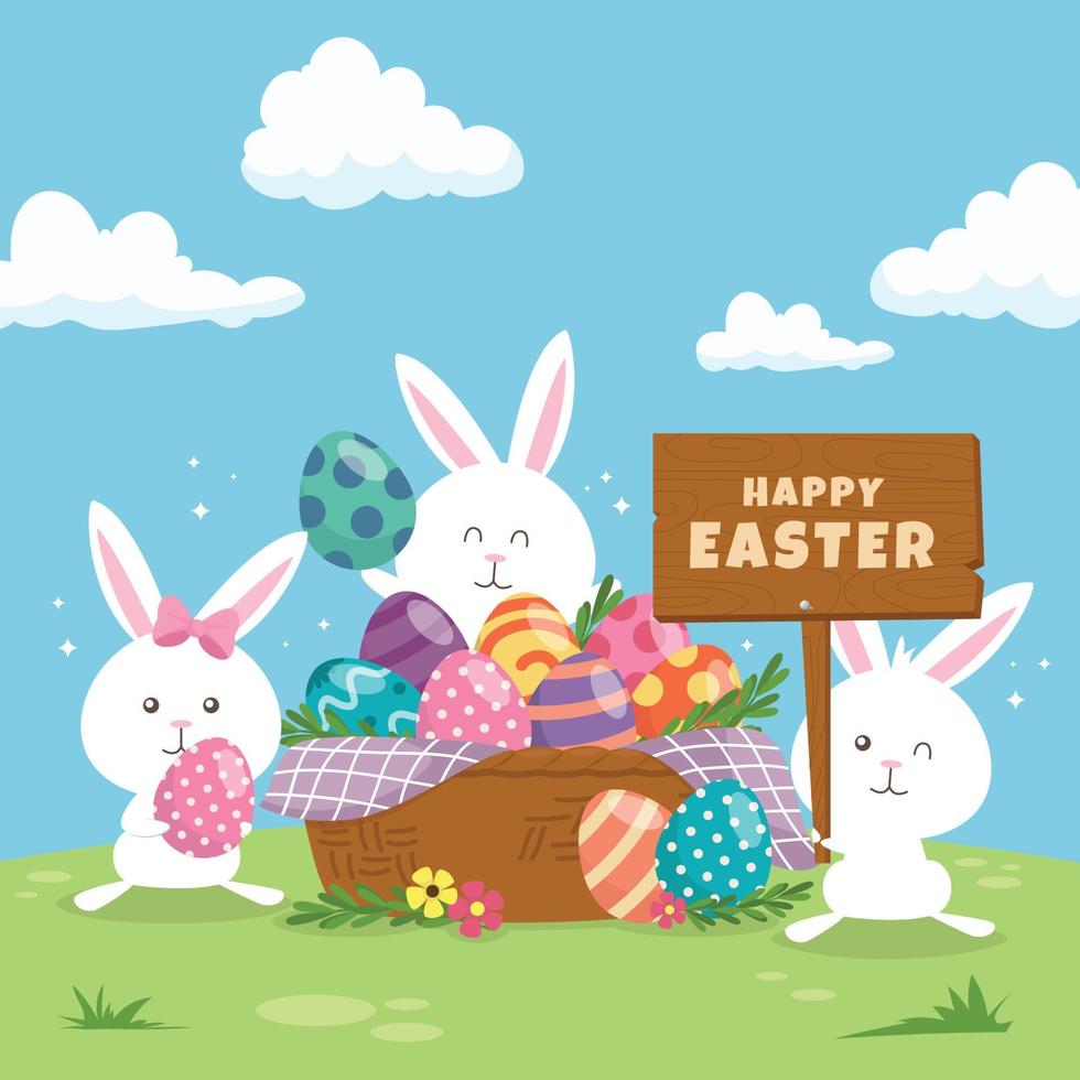 Happy Easter Rabbits Collecting Eggs for Easter Celebration vector