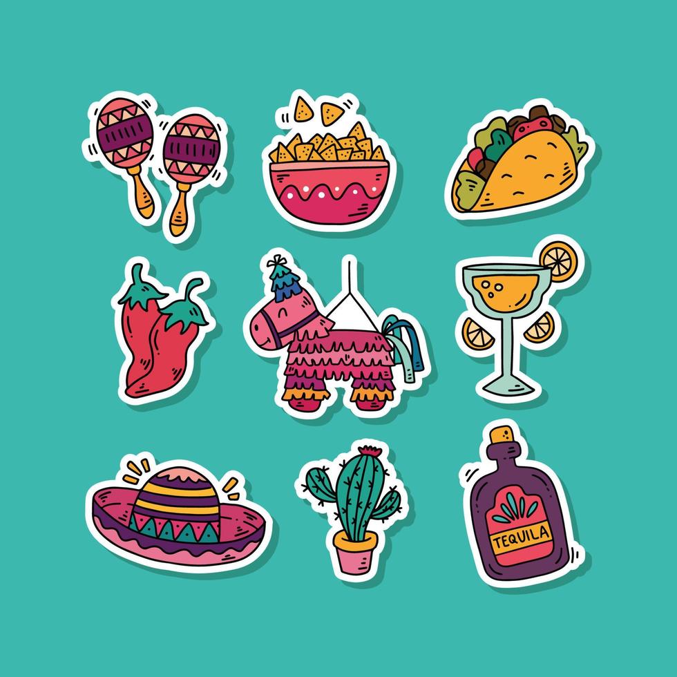 colección de lindas pegatinas de cinco de mayo dibujadas a mano con colores vibrantes vector