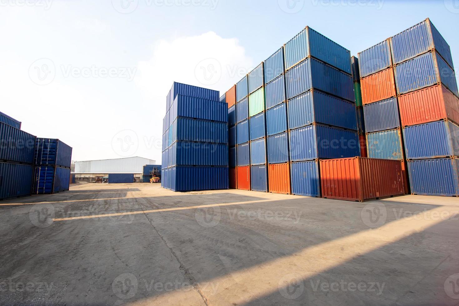 Container Cargo Port Ship Yard Storage Handling of Logistic Transportation Industry. Row of Stacking Containers of Freight Import Export Distribution Warehouse. Shipping Logistics Transport Industrial photo