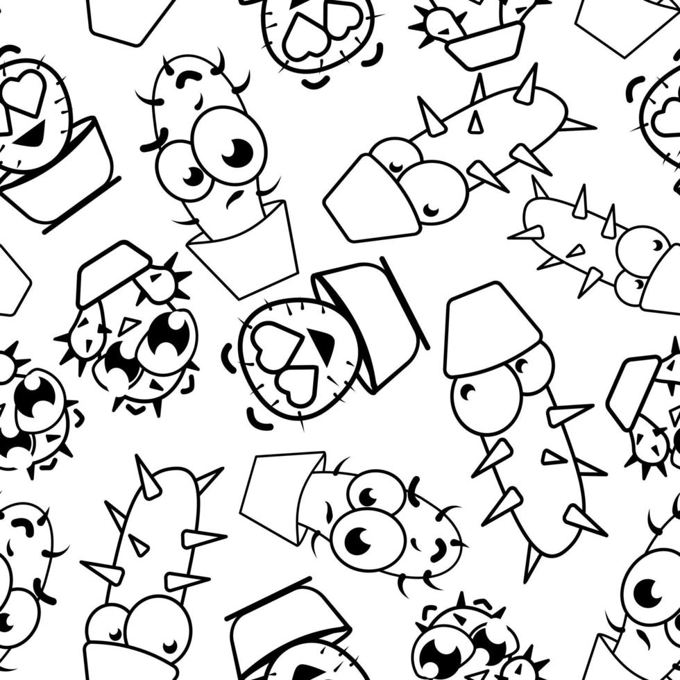 Seamless black and white outline of a cactus with hearts. Cactus drawing. Potted cacti. Vector background. Cute cartoon cactus drawing.