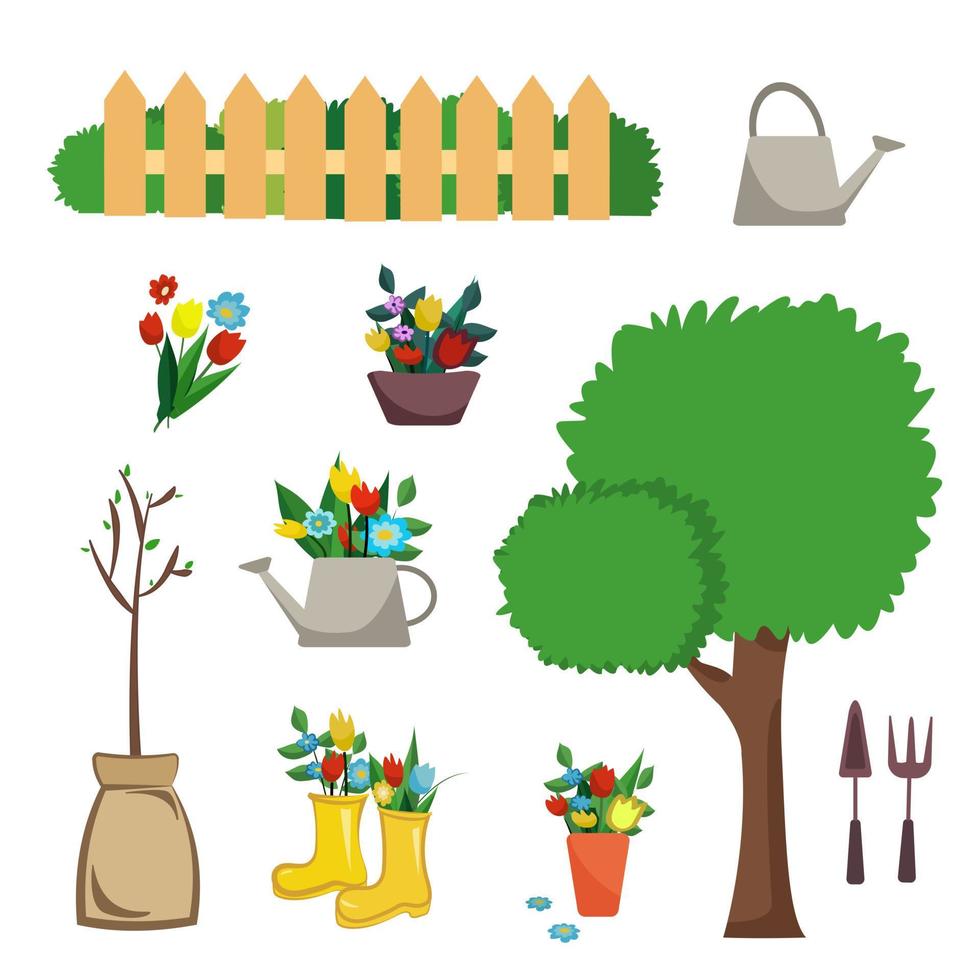 Set of garden tools tree, sapling watering can with flowers pot with flowers bouquet of flowers fence rubber boots Flat Vector illustration