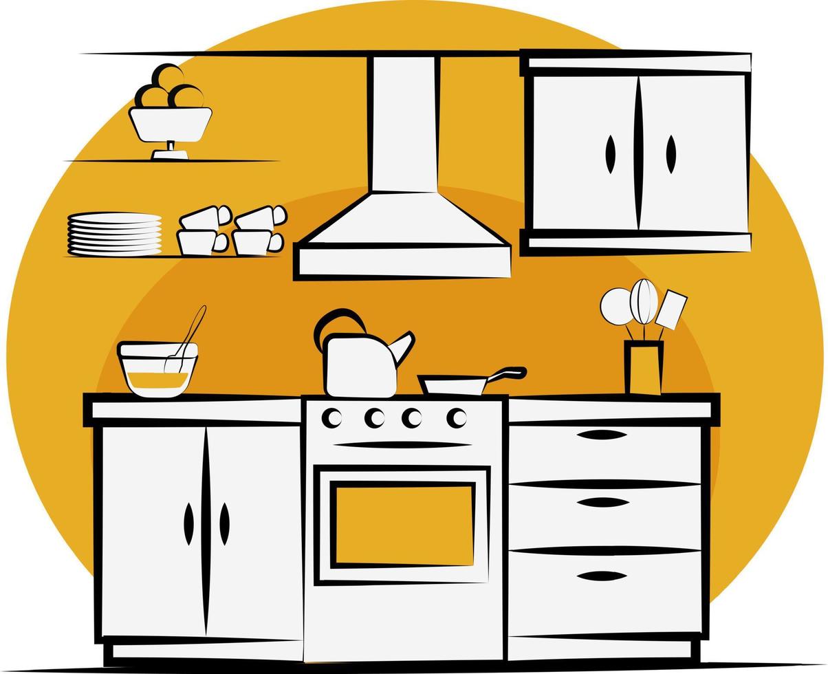 Hand-drawn illustration of a kitchen, kitchen tools and utensils. vector drawing bright background