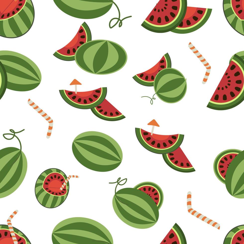 patrón de sandía de rodajas de sandía cortar sandías con pepitas con pajitas de cóctel con sombrillas de cóctel ilustración vectorial vector