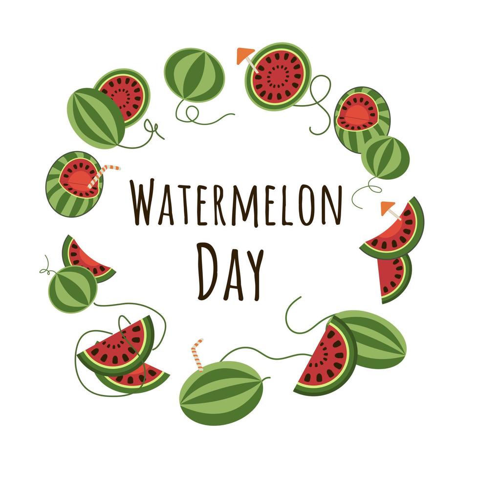 Round frame of watermelon and watermelon slices cut watermelon with cocktail straws text centered banner vector illustration