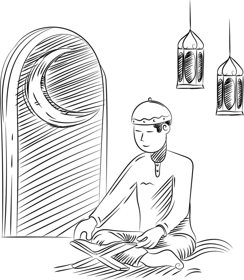 line art moeslem mengaji vector