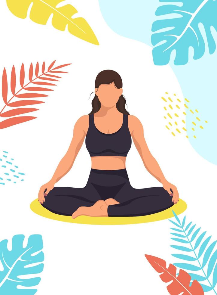 girl sitting in the lotus position. illustration of characters in flat style. the concept of yoga, relaxation, self-awareness. vector