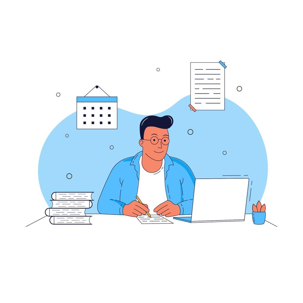 online learning vector illustration. the guy gets an education at home using a laptop.