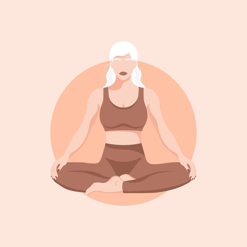 chica sentada en posición de loto. ilustración de personajes de estilo plano. el concepto de yoga, relajación, autoconciencia. plantilla vectorial vector