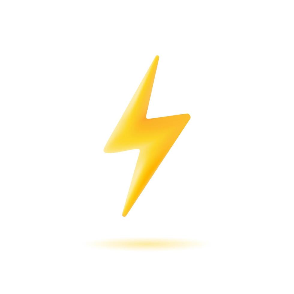 yellow 3d thunder lightning or flash in minimalistic cartoon style. vector
