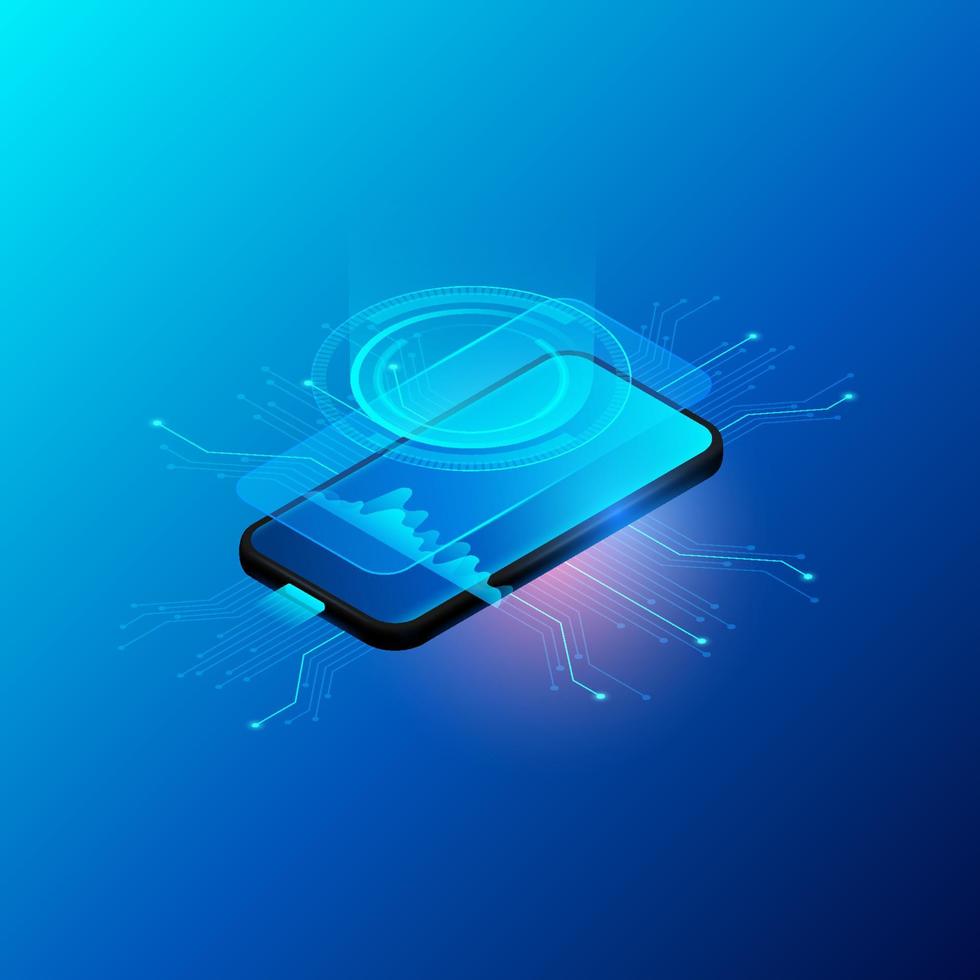 smartphone technological and digital future. mobile phone in isometric illustration. vector