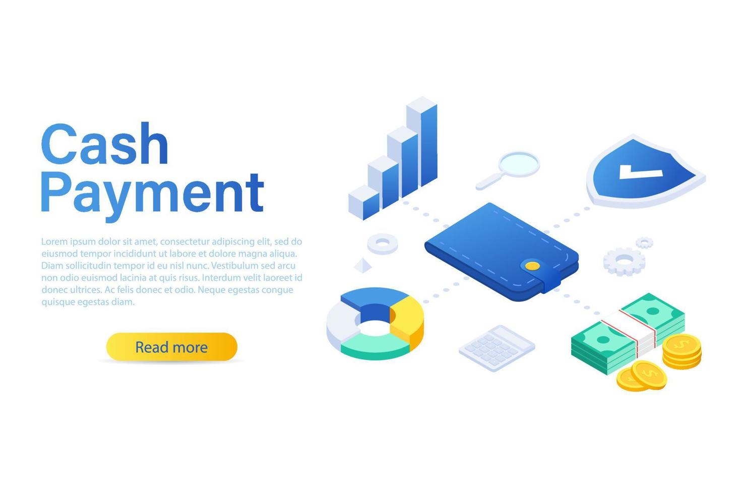 Landing page template. Wallet, coins, calculator, shield. Concept of cash, payment, financial services. vector