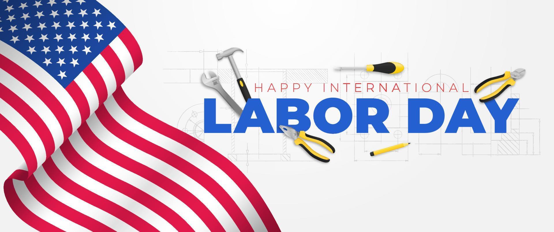 banner publicitario o plantilla de póster con bandera de estados unidos para el día del trabajo. ilustración vectorial con herramientas de construcción. concepto de celebración del día del trabajo. vector