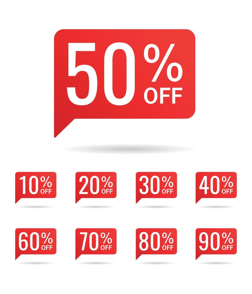 Set of red speech bubbles with percentage discounts for sale. 10, 20, 30, 40, 50, 60, 70, 80, 90. vector