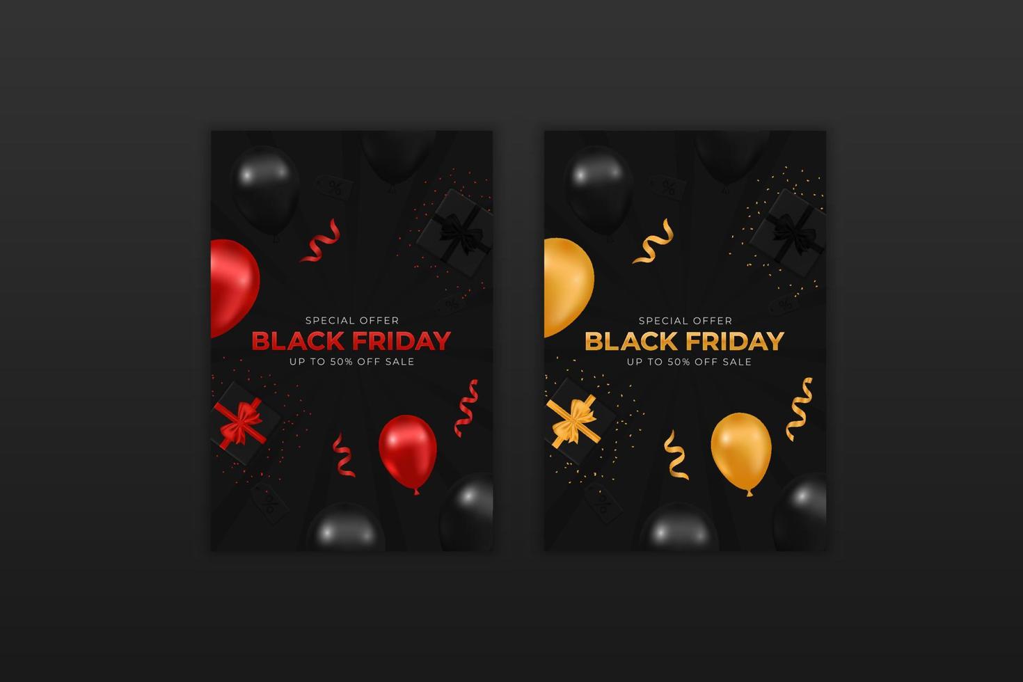 venta de viernes negro. conjunto de pancartas, carteles o volantes con globos y confeti. vector