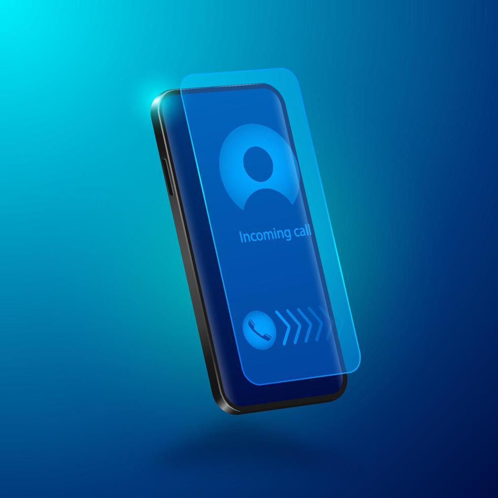 Incoming call on smartphone screen. Realistic black mobile phone in isometric view. vector