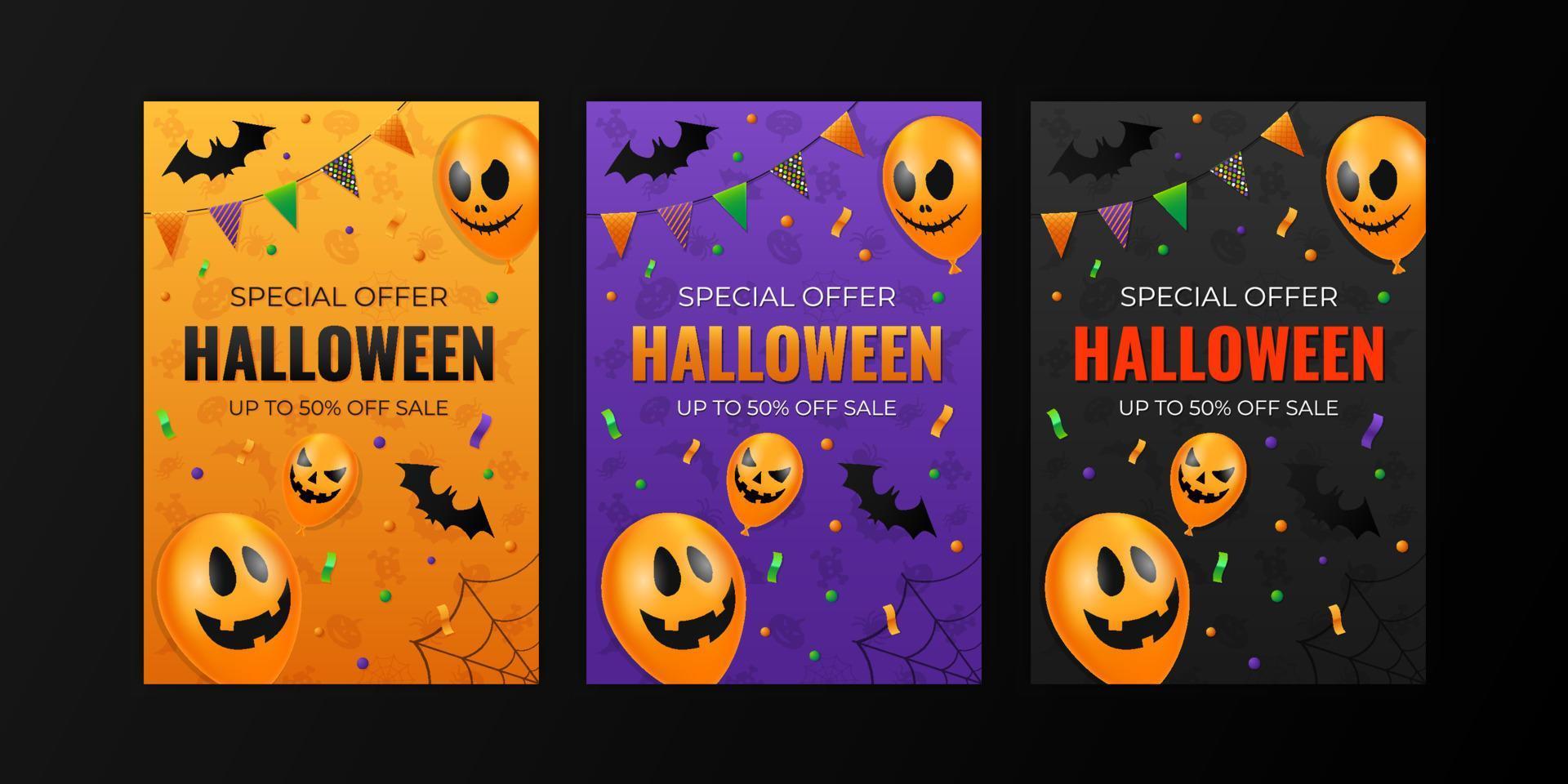 pancarta promocional o afiche para la venta de halloween con globos aterradores y murciélagos de papel. vector