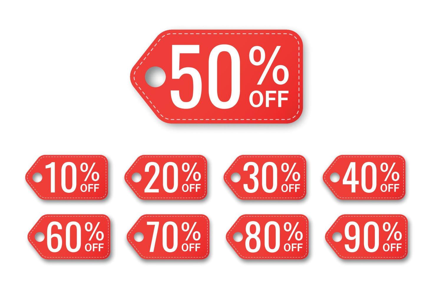 Set of red color tags with percentage discounts for sale. 10, 20, 30, 40, 50, 60, 70, 80, 90. Red tag, coupon, label, price tag, sticker or banner. Vector illustration isolated on white background.