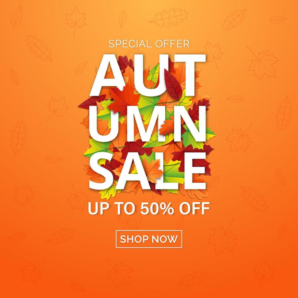 Vector illustration with beautiful, colorful autumn leaves and sale text.Autumn sale background, banner, poster or flyer design Template for fashion and discount advertising on social networks and web