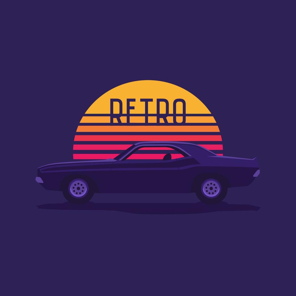 muscle car americano en el fondo de una ola de sol retro a rayas. ilustración vectorial al estilo de los años 80. vector