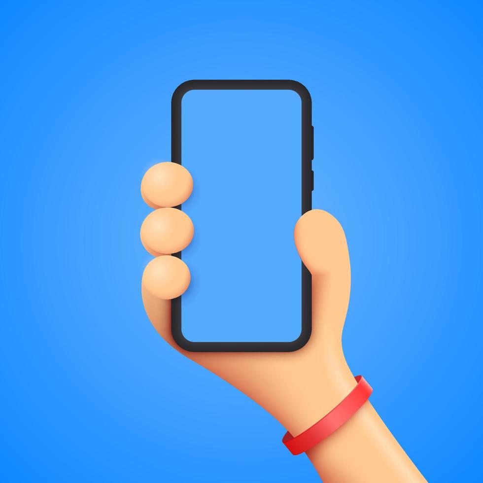 3d hand of a person or character with a bracelet holds a phone. smartphone mockup. vector 3d illustration isolated on blue background.