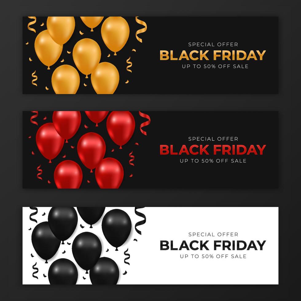 Black Friday Sale. set of banners, posters or flyers with balloons and confetti. Vector illustration.