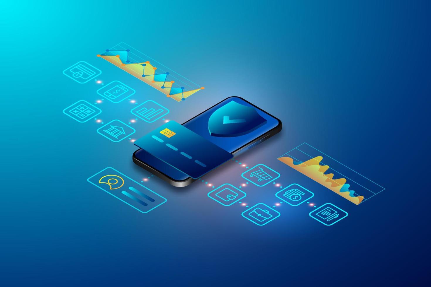 Vector isometric illustration of a mobile bank. Digital financial services and online shopping. Online banking by phone.