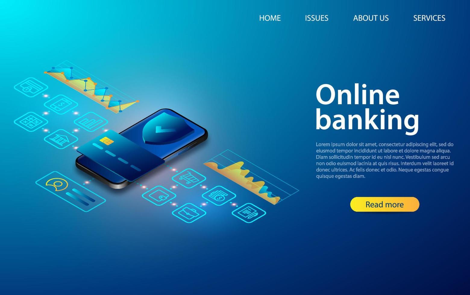 Vector isometric illustration of a mobile bank. Digital financial services and online shopping. Online banking by phone.