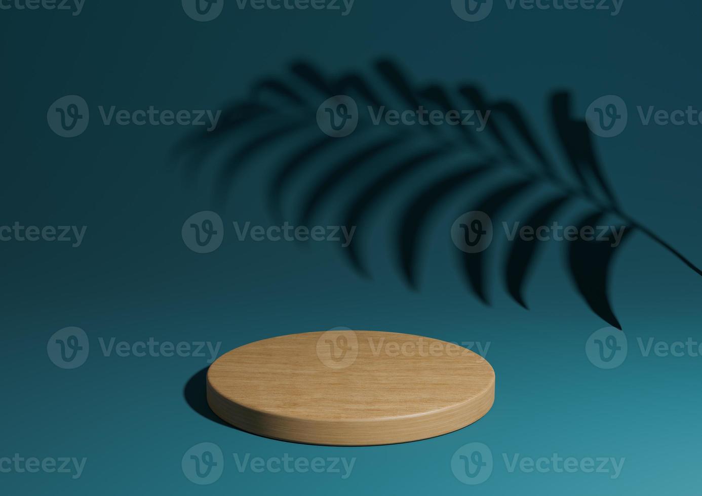 Dark teal, aqua blue simple 3D render minimal natural product display composition with one wood podium or stand with palm leaf shadow in the background photo