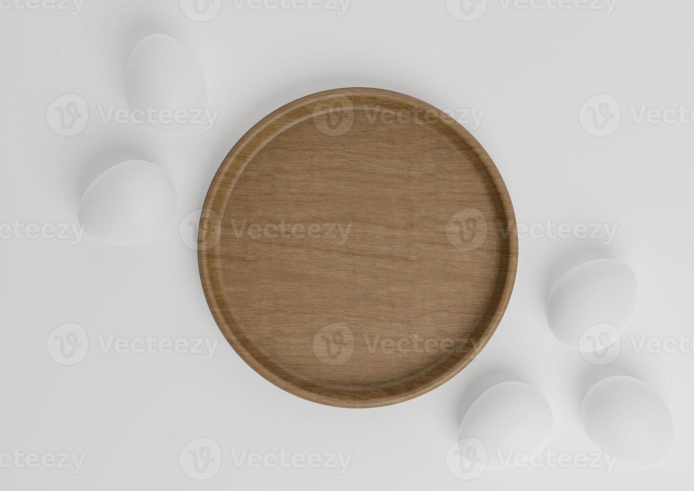 White, light gray, black and white 3D rendering top view flat lay product display podium or stand with colorful Easter eggs and wooden dish minimal and simple photo