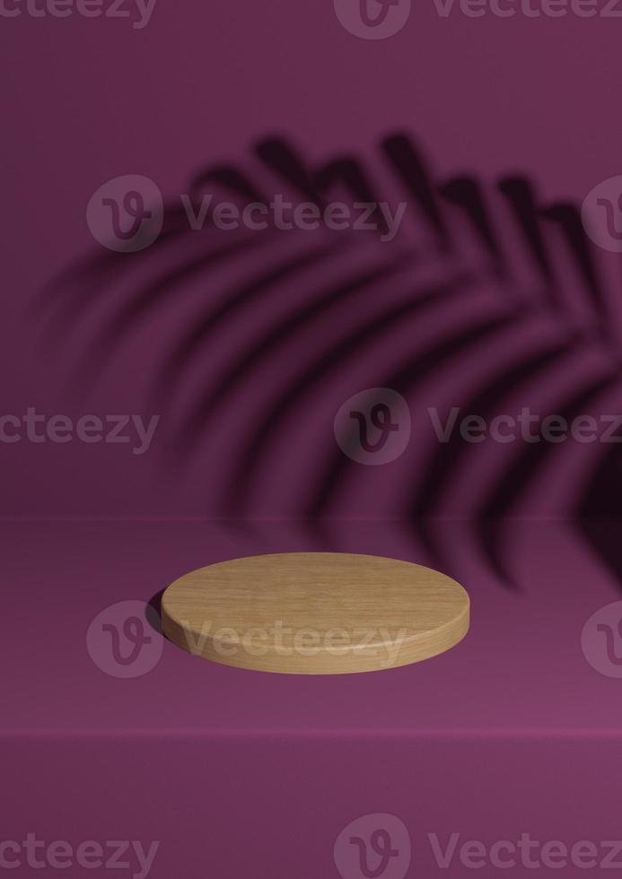 Dark magenta, purple 3D rendering simple, minimal wooden product podium background with palm leaf shadow for nature products on cylinder stand photo