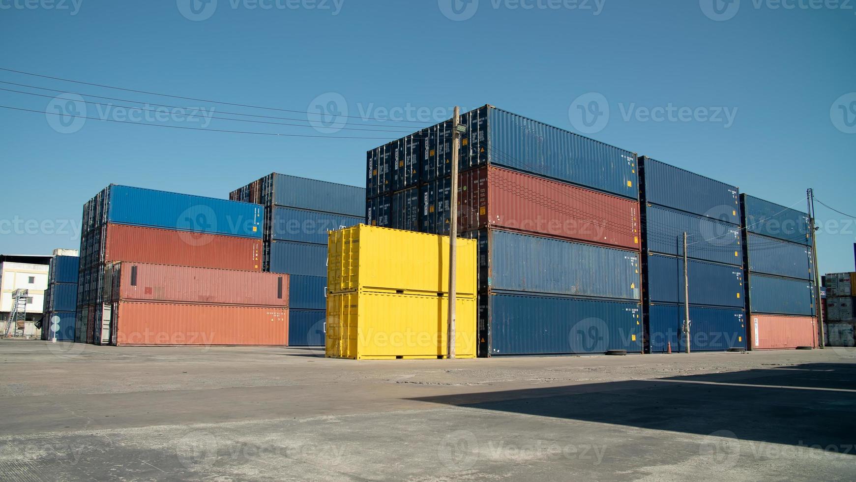 Container Cargo Port Ship Yard Storage Handling of Logistic Transportation Industry. Row of Stacking Containers of Freight Import Export Distribution Warehouse. Shipping Logistics Transport Industrial photo