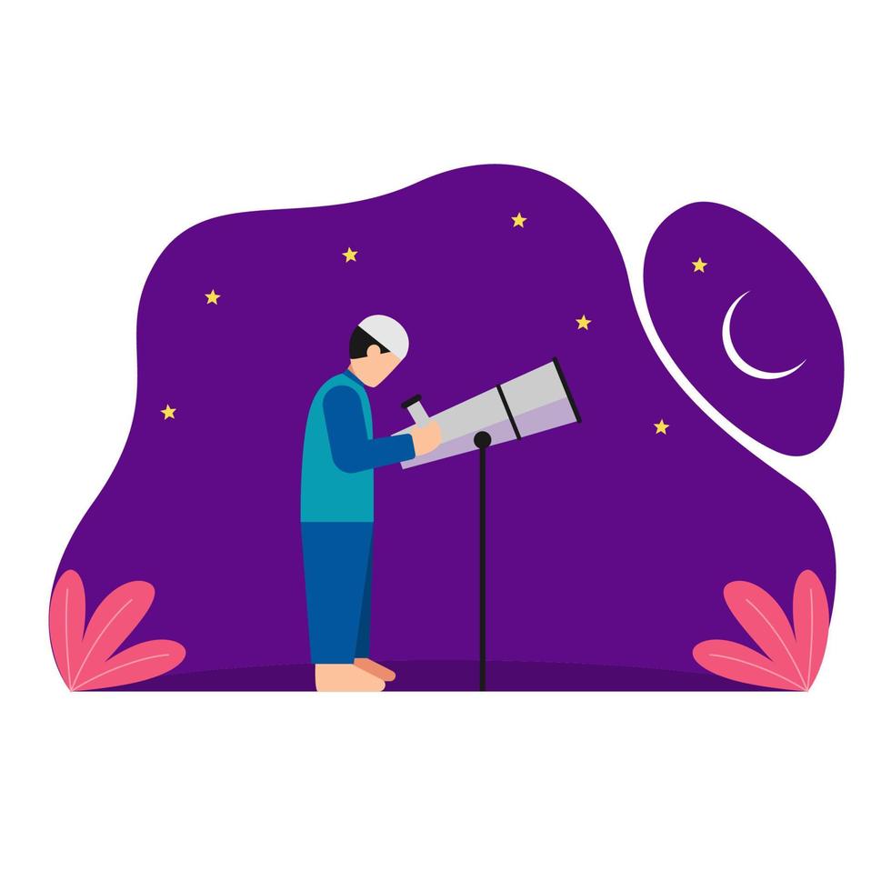 Muslim person looking for hilal at night sky. Islamic people search hilal with telescope. Looking First Crescent moon sign of the start of the month of Ramadan. vector