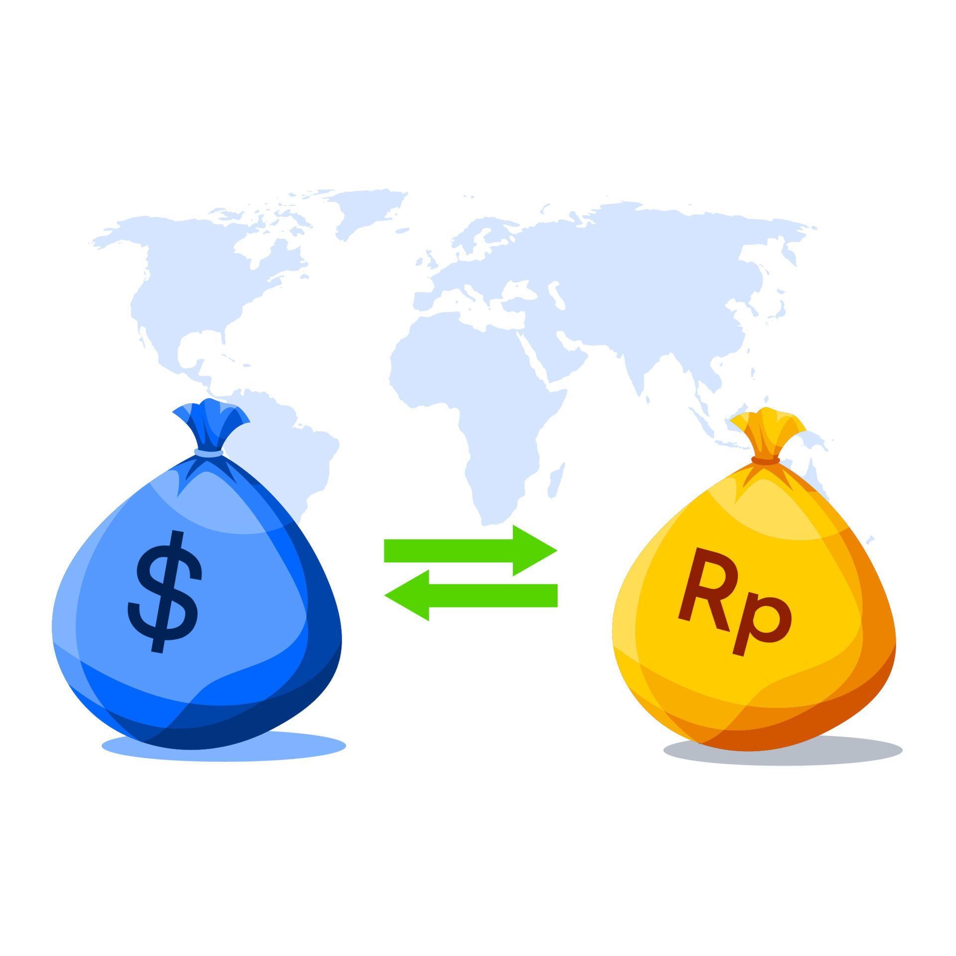 Currency exchange, money exchange. dollar to rupiah and world map