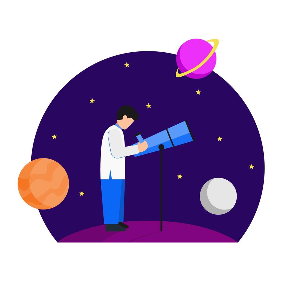 scientist Man Watching Night Starry Sky through Telescope. Astronomy. stars and planets vector