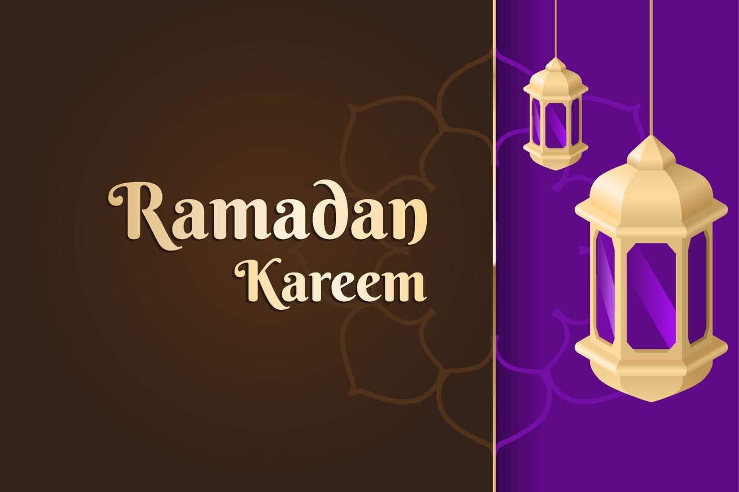 diseño de banner ramadhan kareem. con farolillos de oro. fondo marrón y morado. adecuado para pancarta, tarjeta de felicitación y afiche vector