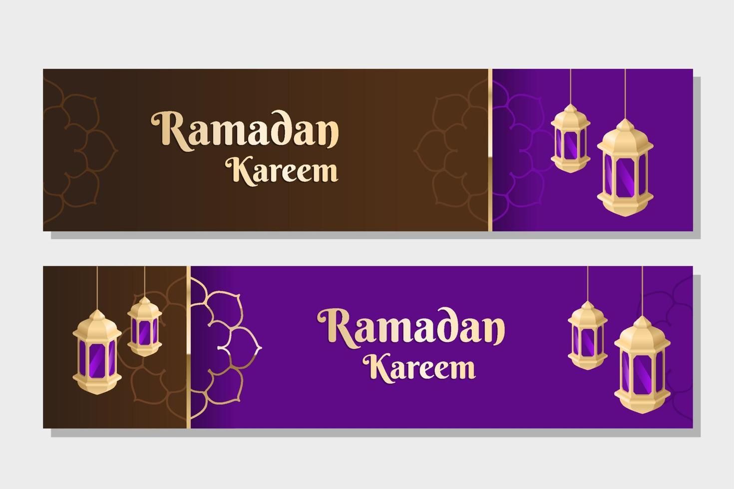Islamic holy month of fasting, Ramadan kareem web banner design with golden lanterns on purple and brown background. vector