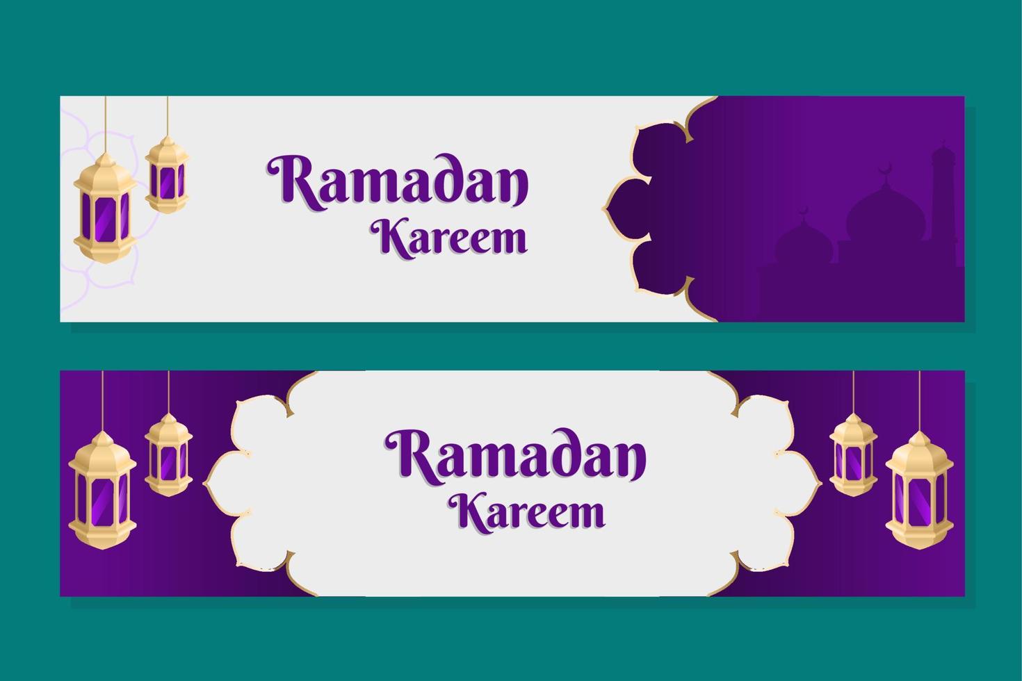 Islamic holy month of fasting, Ramadan kareem web banner design with golden lanterns on purple and white background. vector