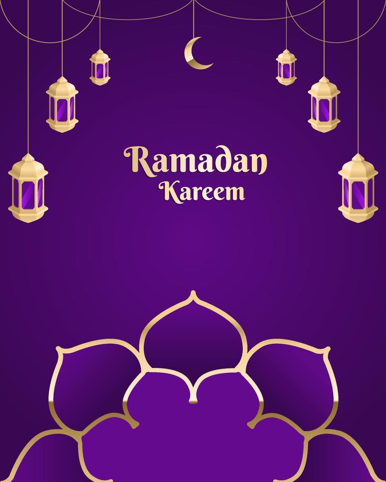 afiches de ramadán kareem o diseño de invitación con farolillos y adornos islámicos, sobre fondo morado vector