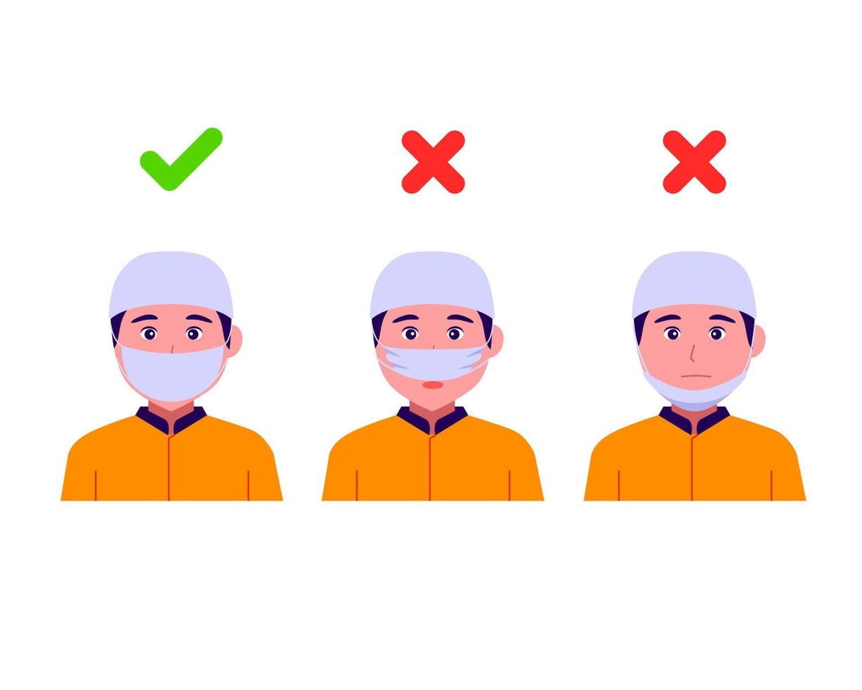 Cómo usar una máscara correctamente. instrucciones con un musulmán e instrucciones sobre la forma incorrecta y correcta de usar una máscara facial, vista frontal. ilustración vectorial vector