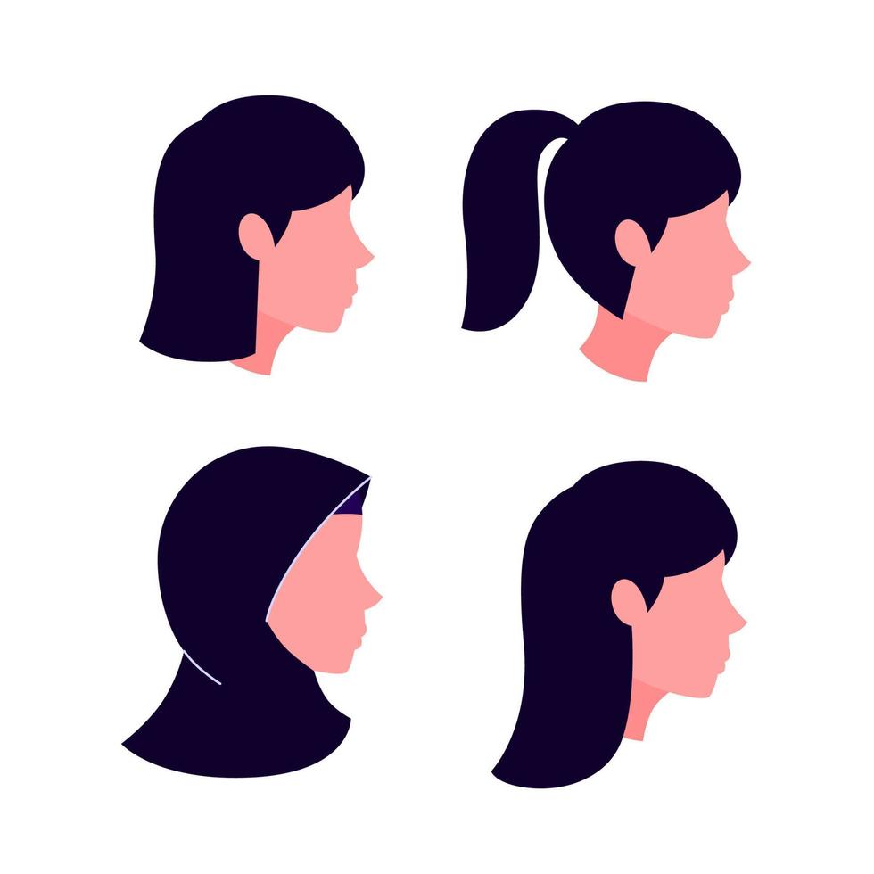 tipos de peinados y hijab para mujeres. pelo largo, pelo corto, cola de caballo y un pañuelo en la cabeza. iconos, vector, ilustración vector