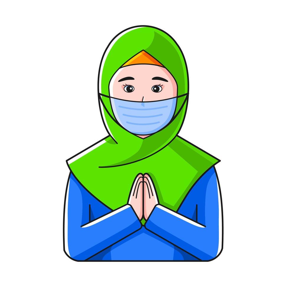 cute muslim women with hijab wearing mask to prevent disease, flu, air pollution, contaminated air, coronavirus. Vector illustration