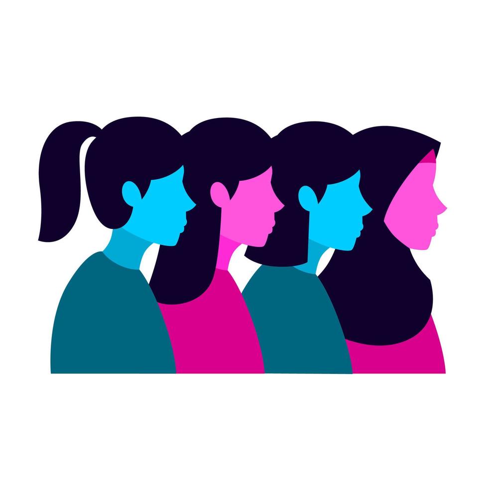 kinds of hairstyles and hijab for women. long hair, short hair, ponytail, and a head scarf. icons vector illustration