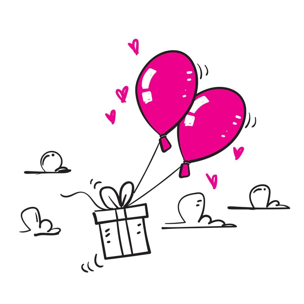 hand drawn doodle gift box flying balloon illustration vector isolated