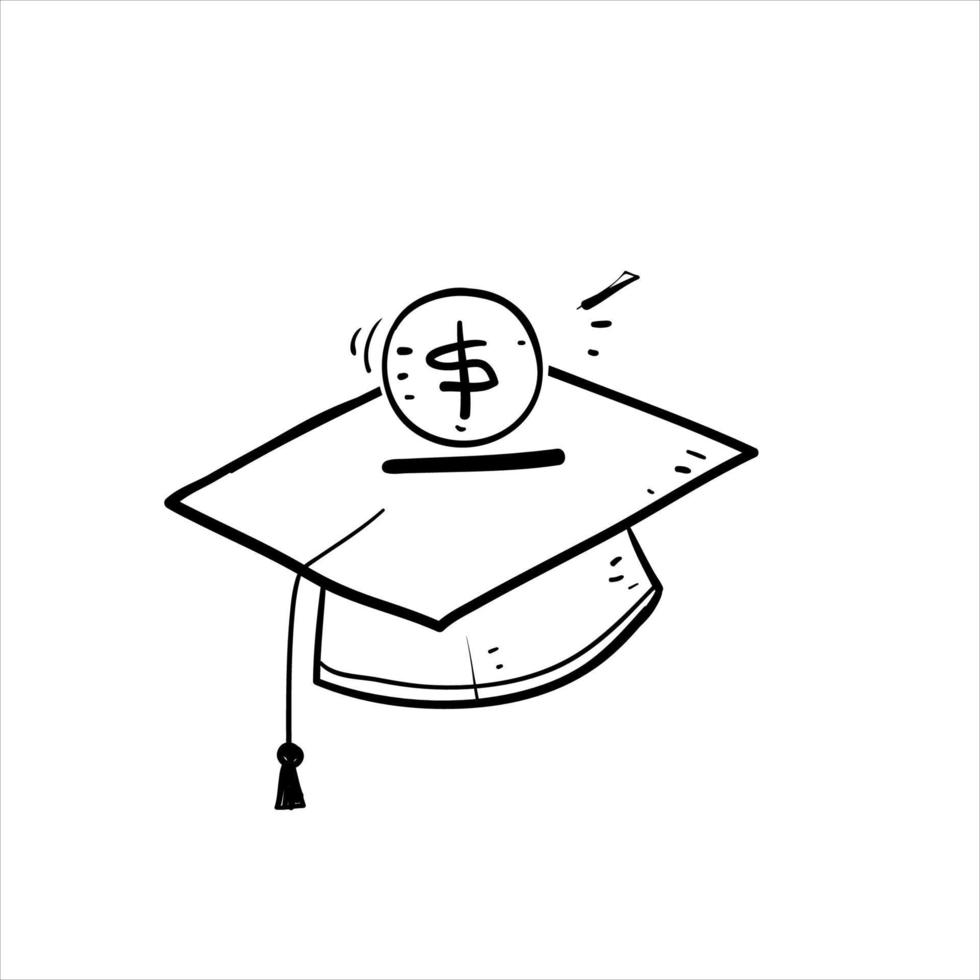sombrero de graduación de doodle dibujado a mano e ilustración de dinero para la matrícula vector