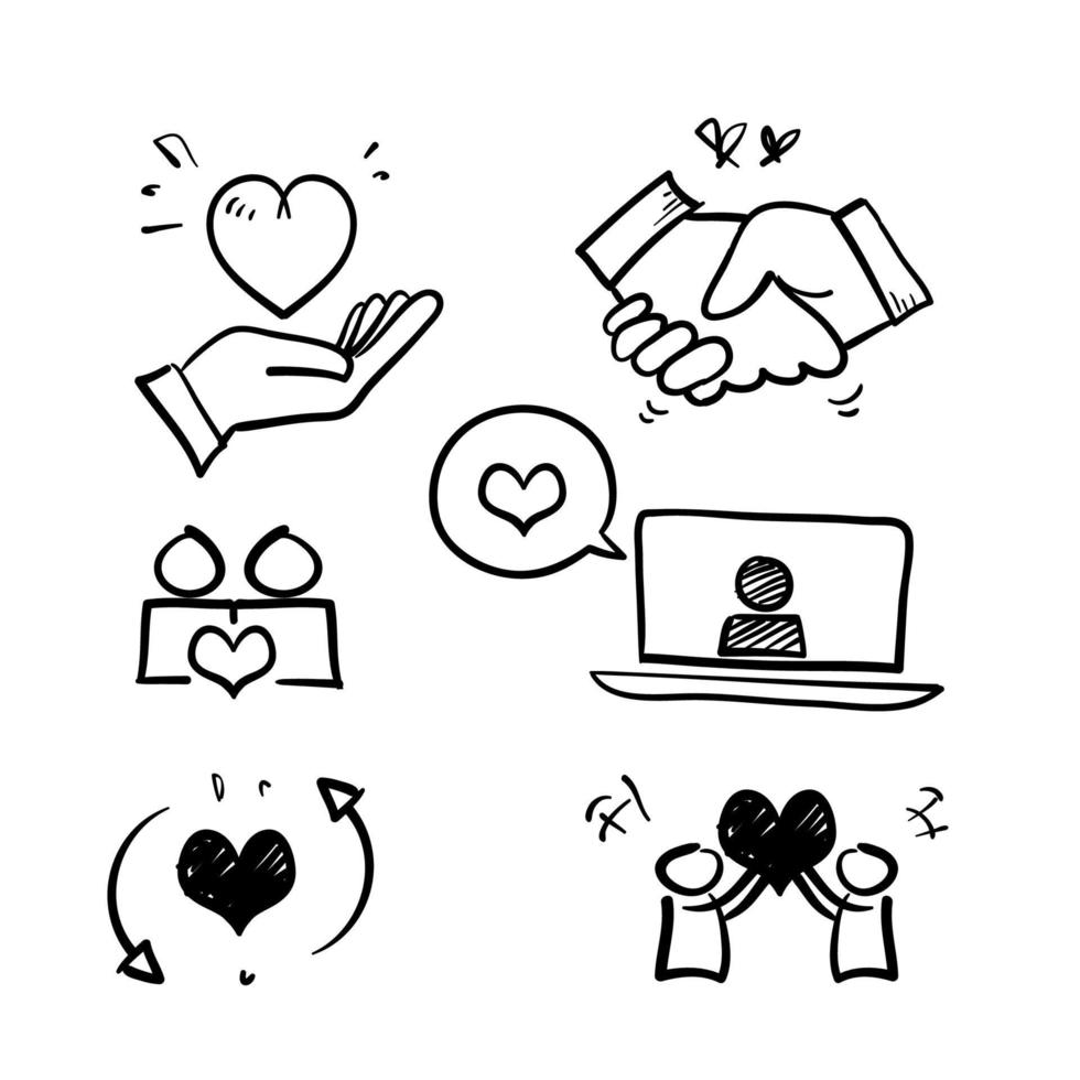 iconos de línea de amor y amistad de garabatos dibujados a mano. interacción, entendimiento mutuo y asistencia empresarial.aislado vector